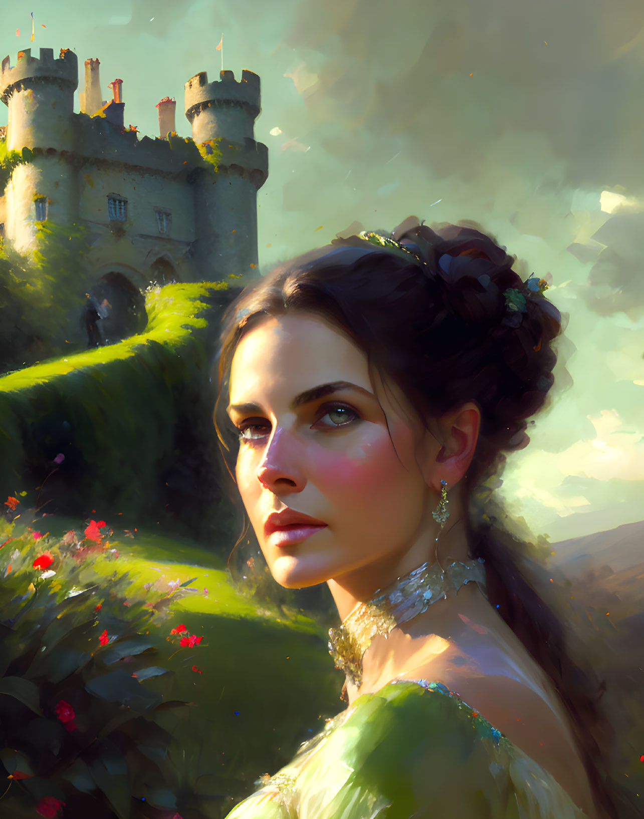 Portrait of a woman in green dress with castle and gardens.