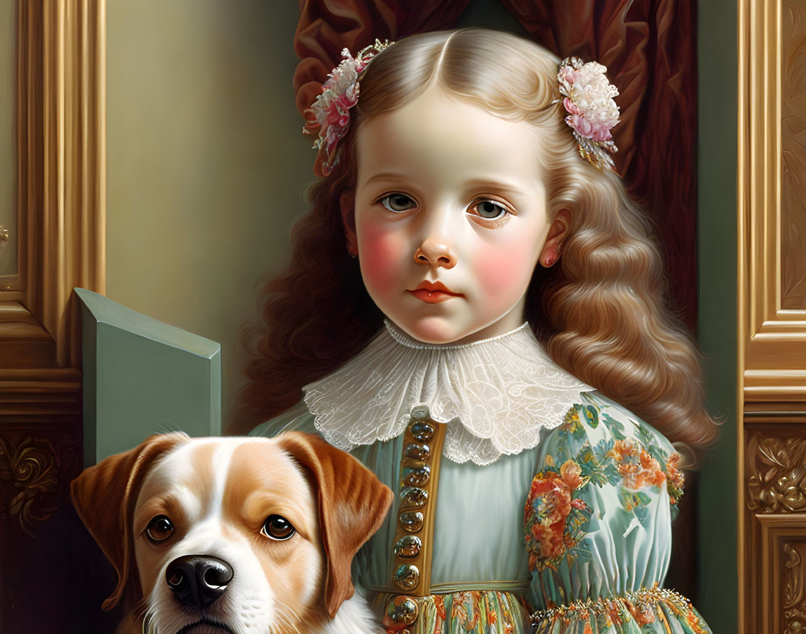 Realistic painting of young girl with blond curls and beagle dog in elegant interior.