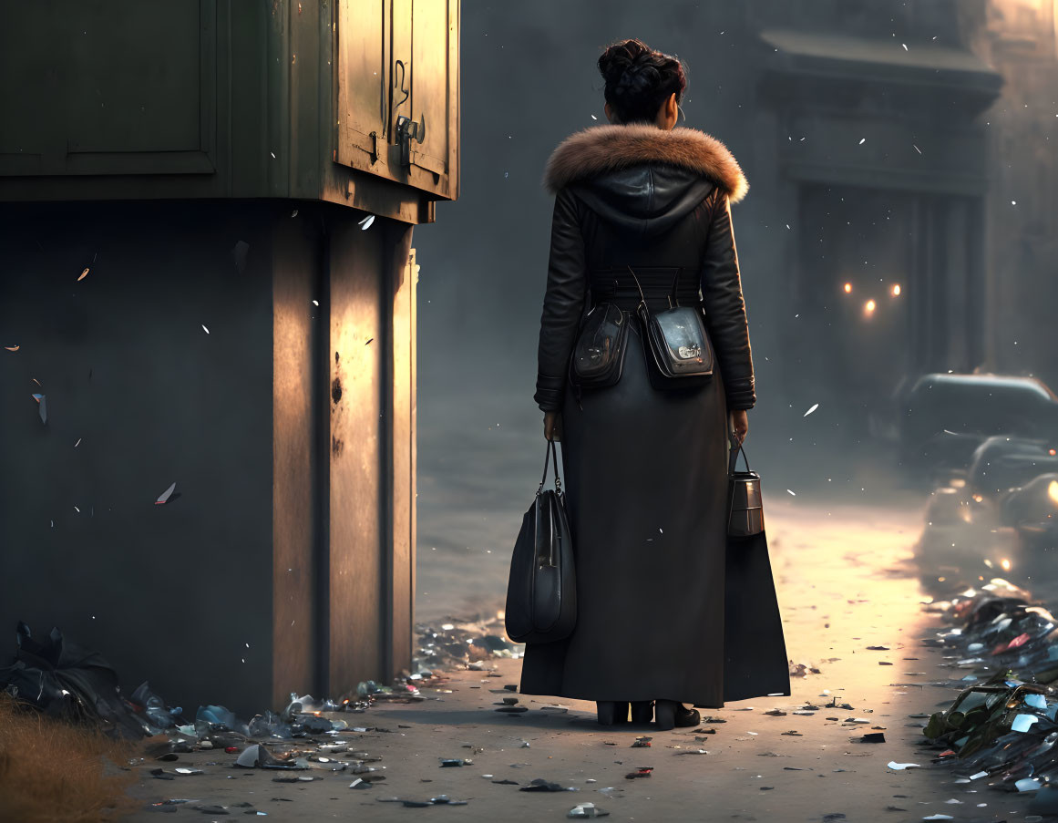 Woman in fur-collared coat on littered street with bags and papers.