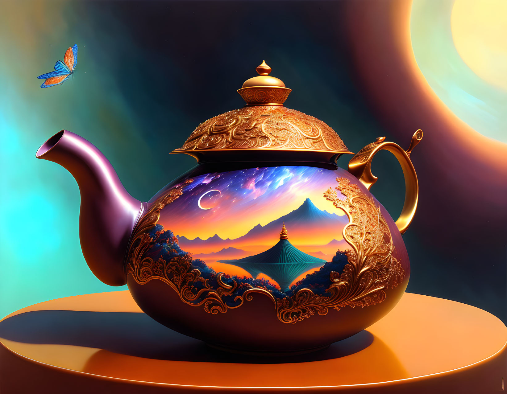 Mountainous Landscape Teapot with Crescent Moon and Butterfly Design