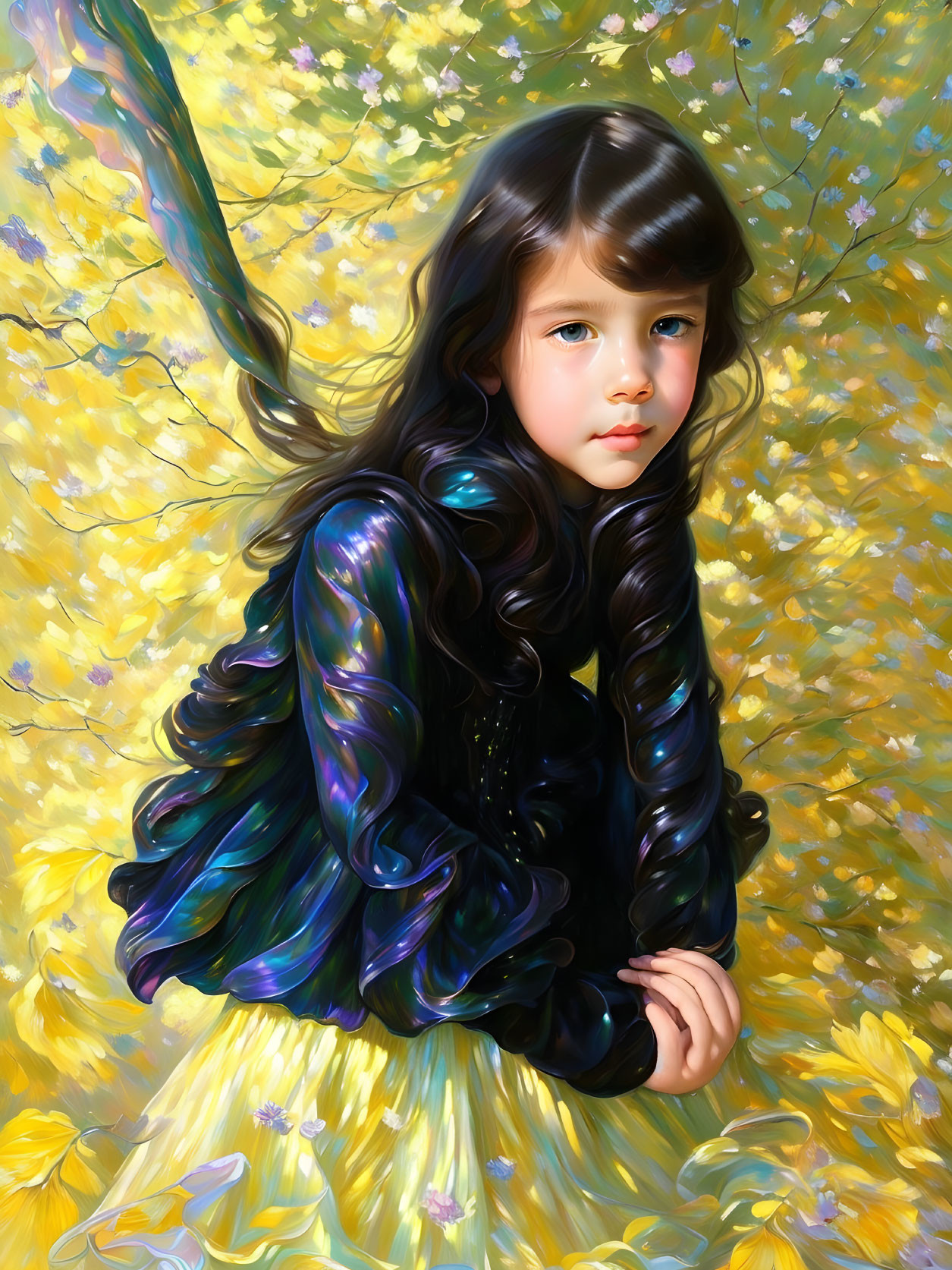 Young girl with long, curly hair in black and yellow dress among vibrant yellow flowers