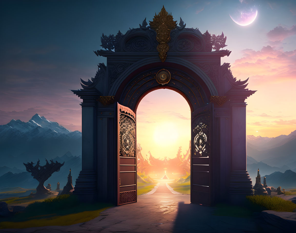 Ornate gate leading to mystical mountain landscape at sunset