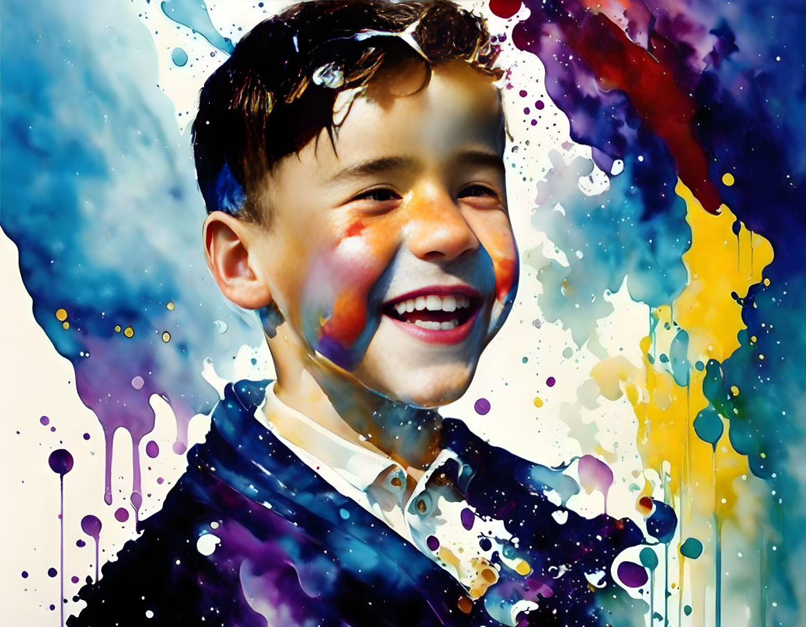 Young boy portrait with vibrant watercolor effects