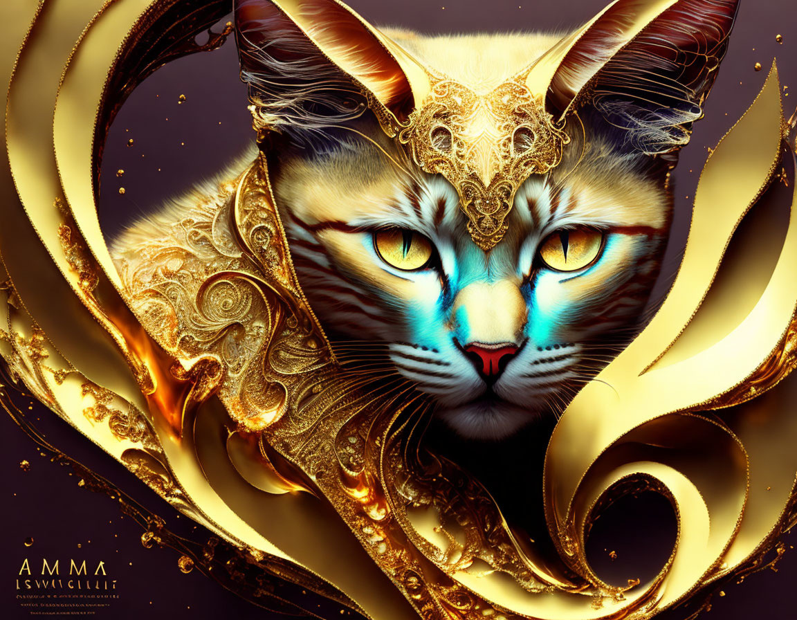 Blue-eyed cat with golden headgear and embellishments