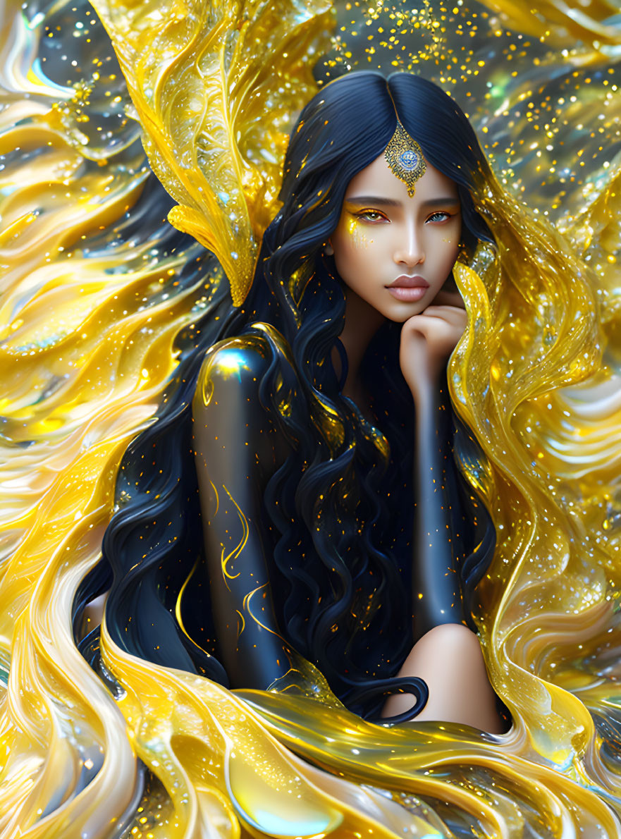 Digital Artwork: Woman with Dark Hair & Golden Accessories in Swirling Gold & Black