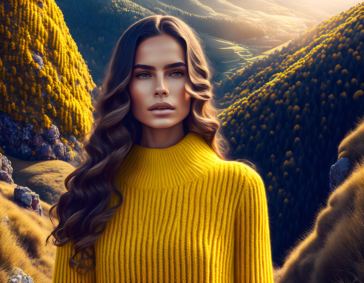 Woman with long, wavy hair in yellow sweater against autumn forested mountain landscape