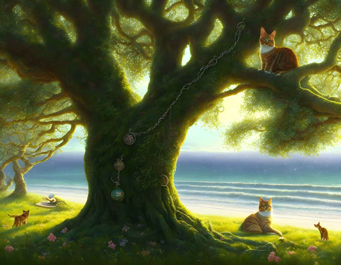 Tranquil seaside scene with cats, foxes, and lush tree