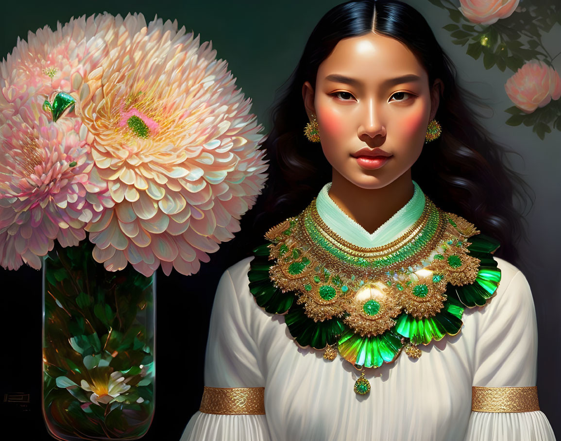 Digital artwork featuring woman with green gemstone necklace and pink blossoms.