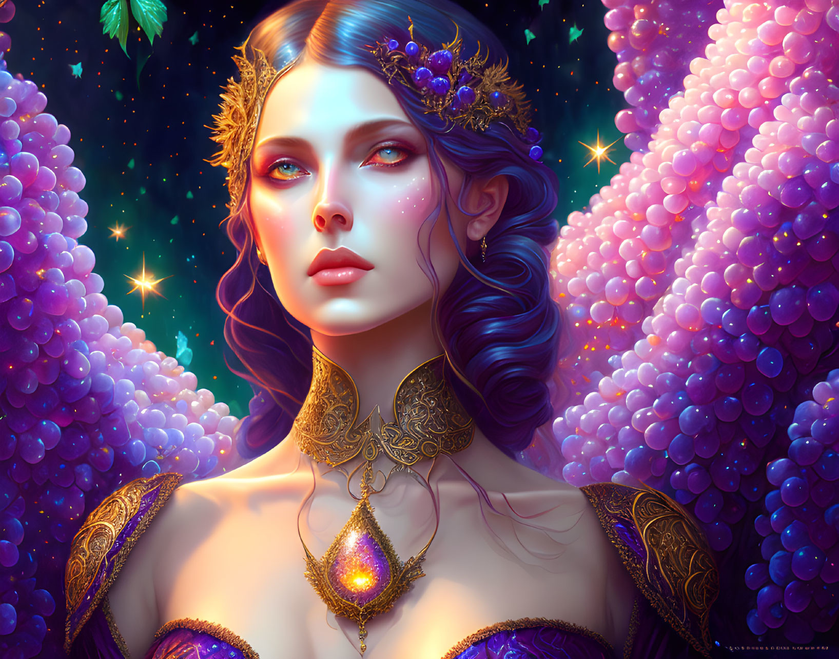 Fantasy woman with blue eyes, gold jewelry, tiara, among purple flowers under starry sky