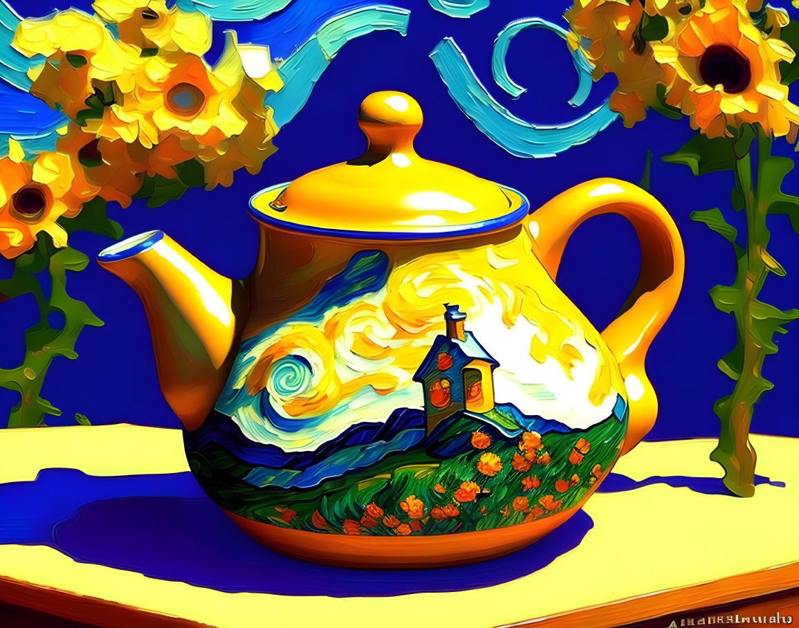 Colorful teapot featuring "Starry Night" painting and sunflowers on blue sky.