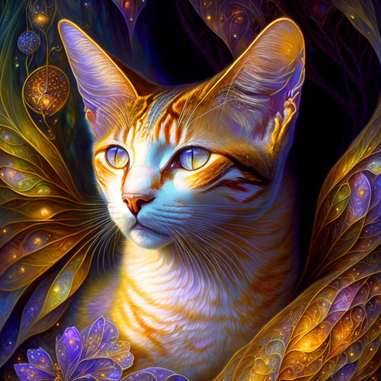 Vivid digital painting of orange tabby cat with butterfly wings in mystical setting