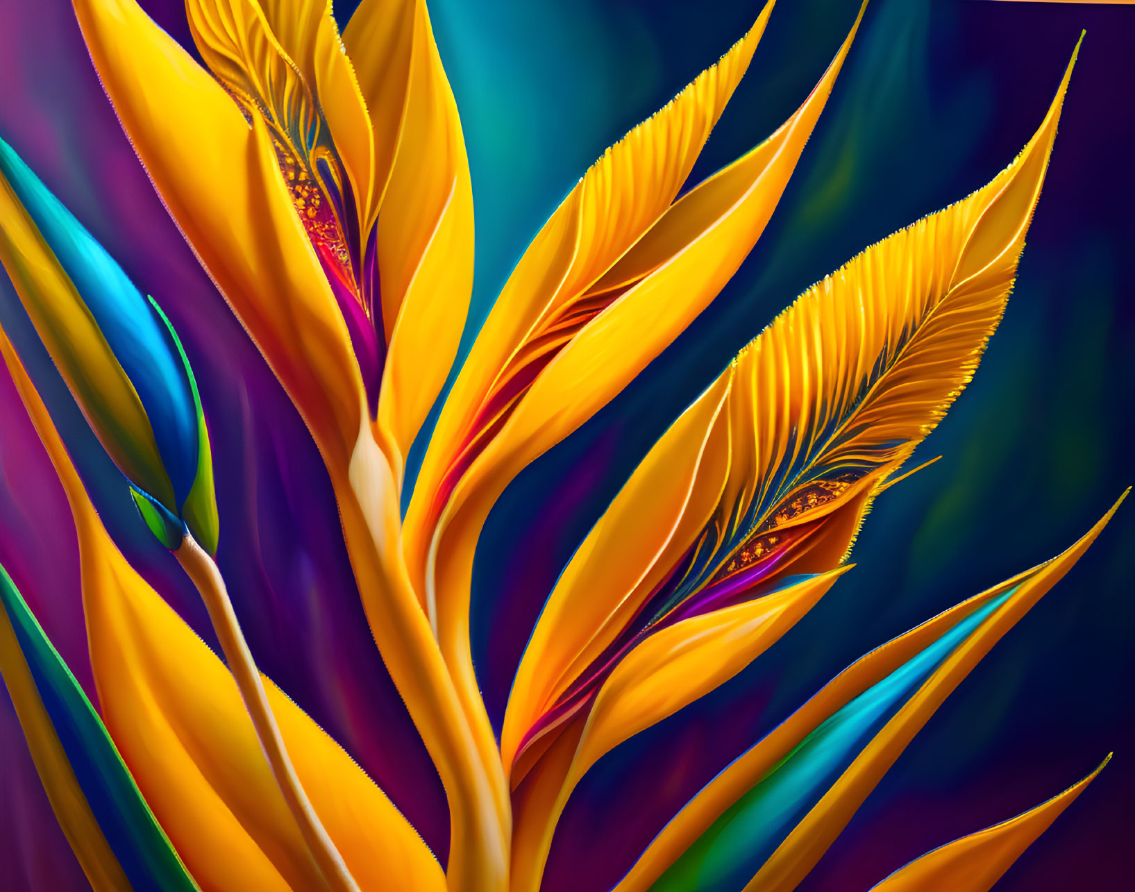 Colorful Stylized Feathers in Yellow, Orange, and Red on Blue-Purple Background