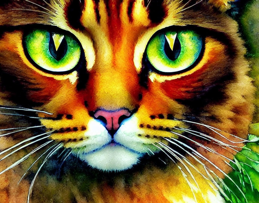 Vibrant Watercolor Painting: Cat's Face with Green Eyes