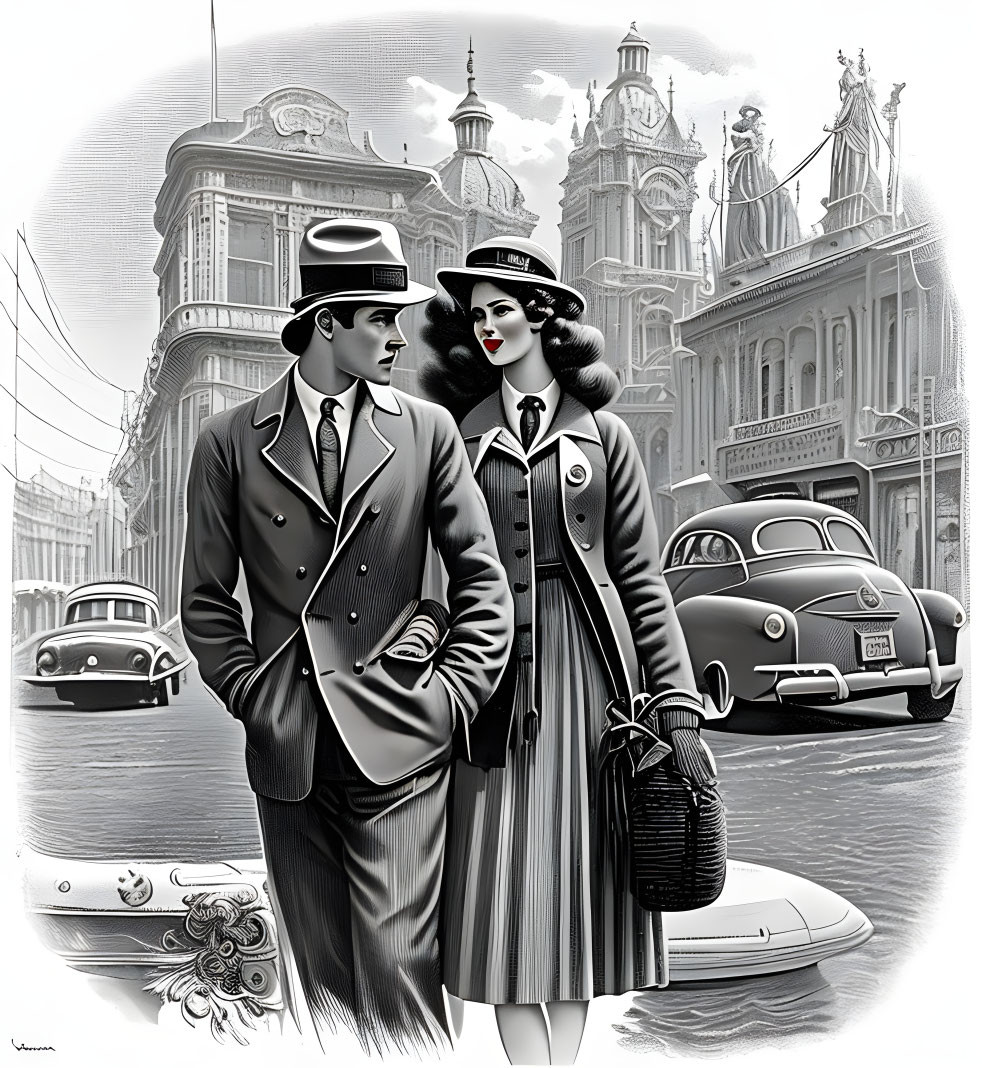 Monochrome 1940s couple walking with vintage cars and classic architecture