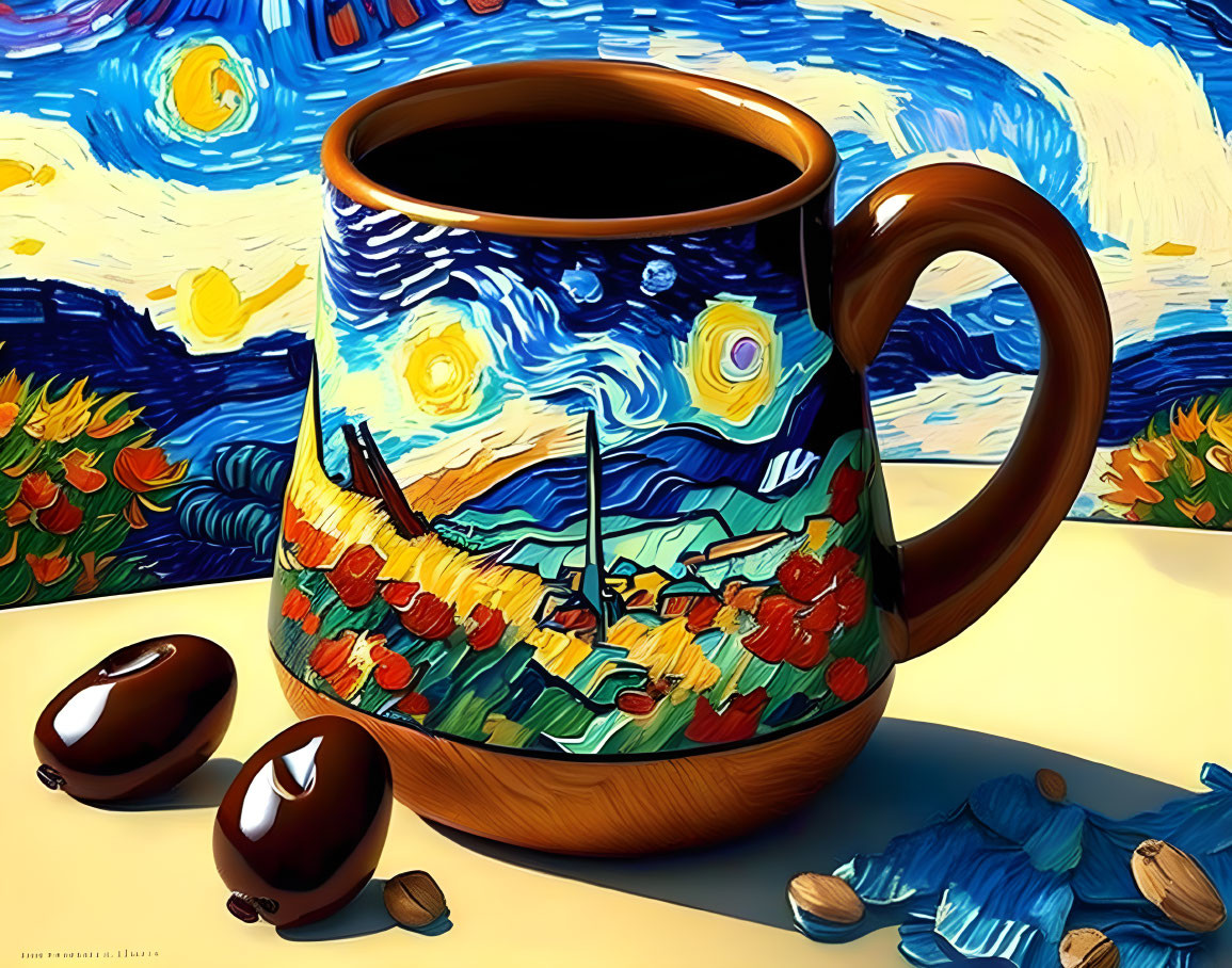 Starry Night Inspired Coffee Mug with Chocolate and Almonds