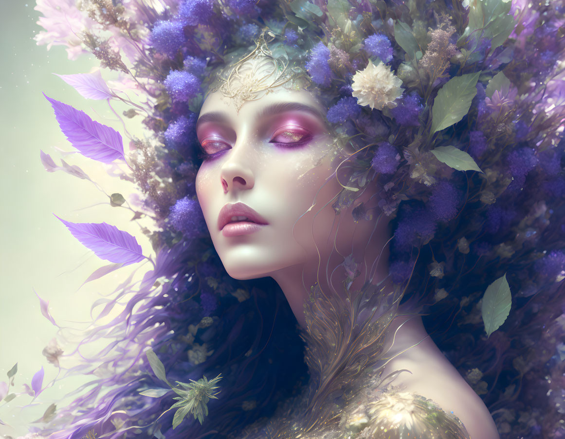 Mystical woman with purple flower garland embodies ethereal beauty