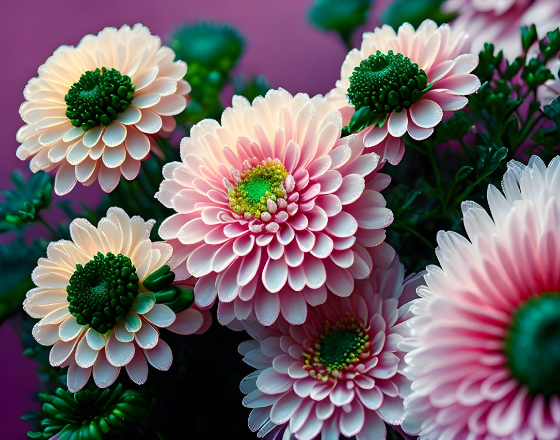 Pink and White Chrysanthemums on Purple Background