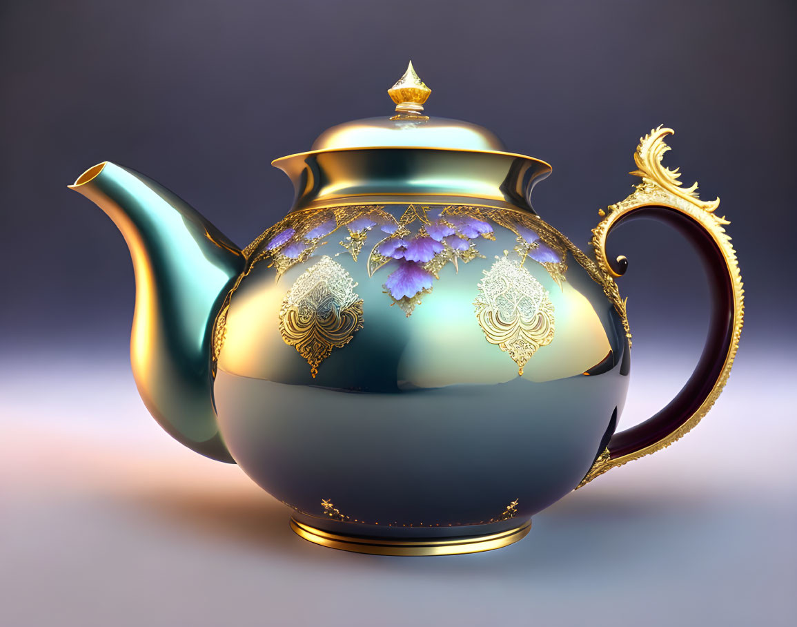 Blue and Gold Ornate Teapot with Floral Motif