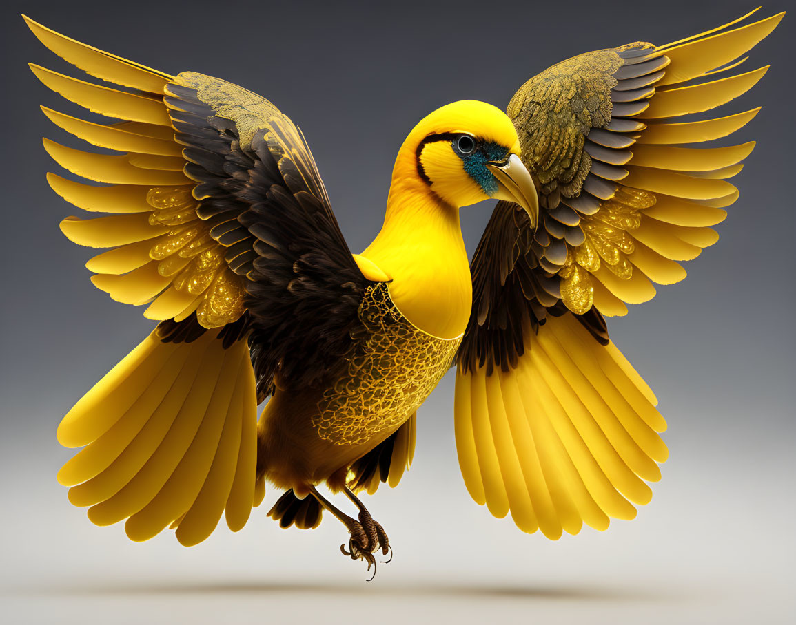 Golden bird with spread wings on neutral background, intricate feather patterns