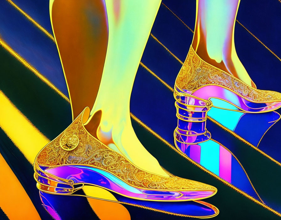 Abstract metallic-look stylized footwear on colorful dynamic background