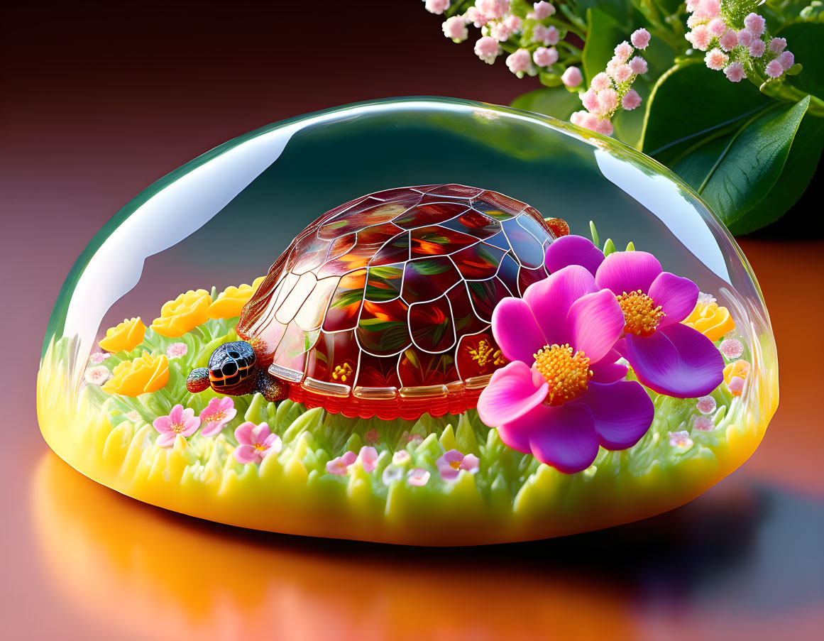 Glass Turtle Sculpture with Flowers and Ladybug in Oval Stone Display