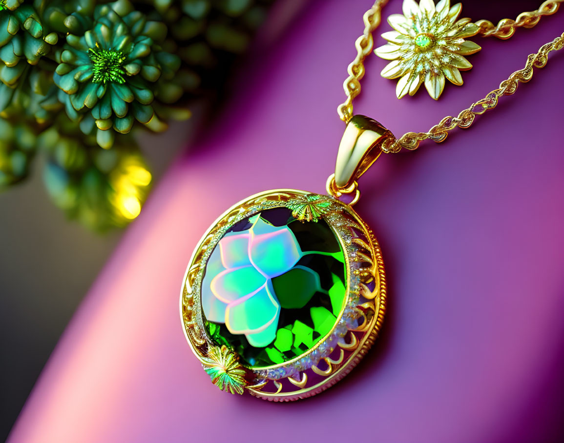 Green and Black Floral Pendant on Gold Chain Against Pink and Purple Background