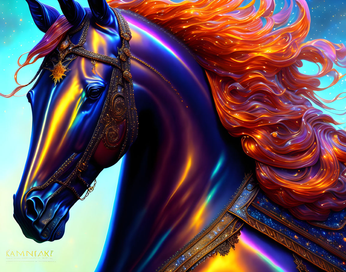 Vibrant digital artwork: Horse with blue coat, orange mane, and golden tack