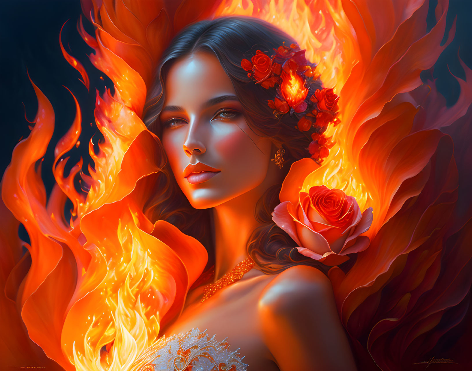 Digital Art Portrait of Woman with Fiery Flames Hair & Red Flowers