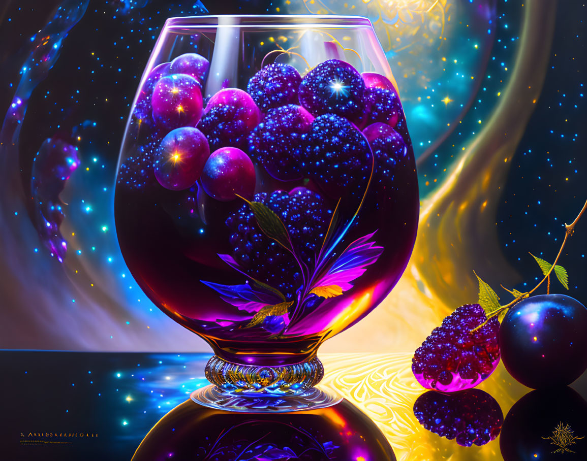 Cosmic-themed marbles in wine glass with butterfly and galactic swirls