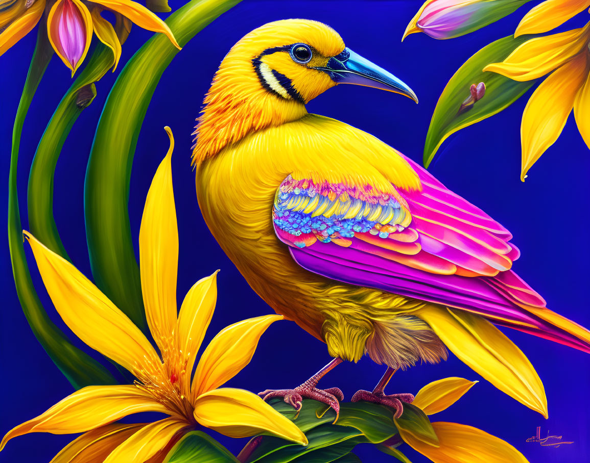 Colorful Bird Perched on Branch with Flowers in Digital Art