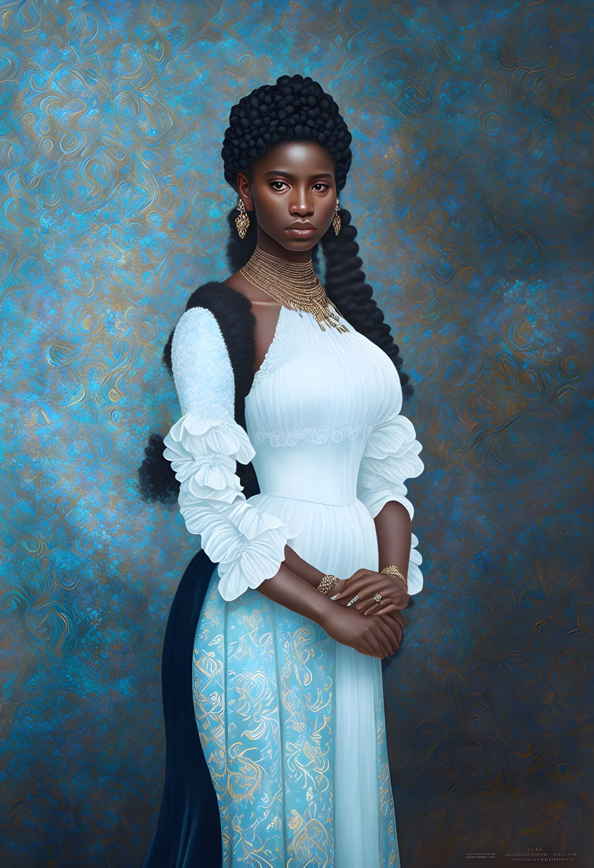 Regal woman in white gown with blue accents and detailed patterns against blue backdrop.