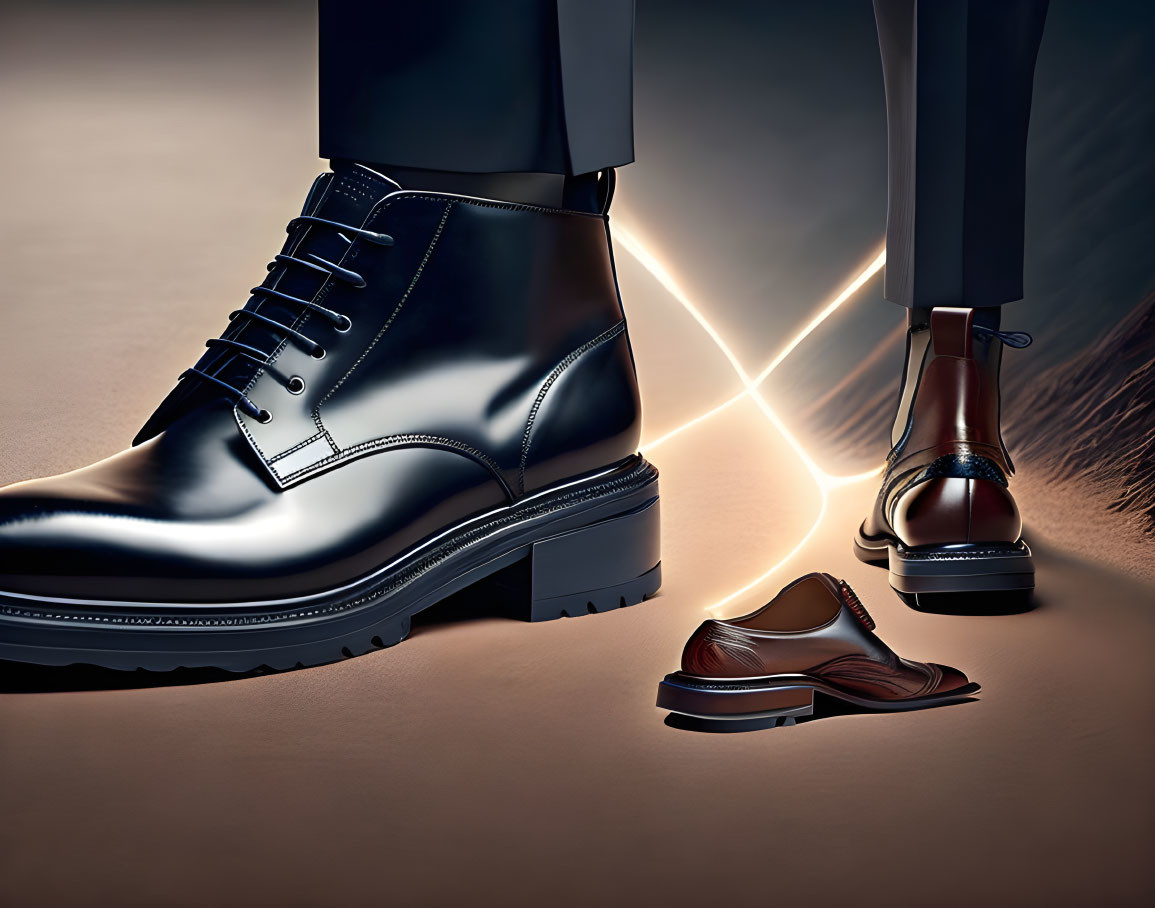 Shiny black dress boots and classic shoes on moody background