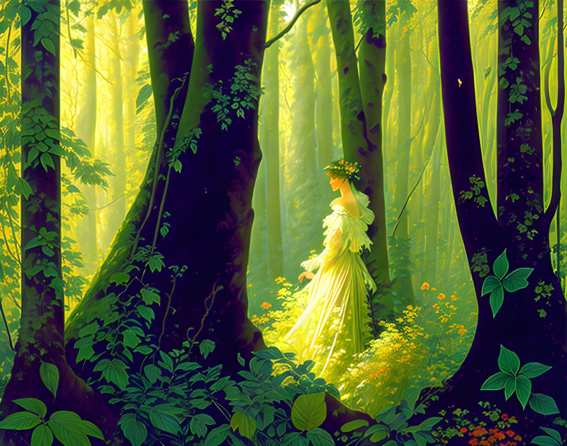 Ethereal figure in lush sunlit forest with vibrant green foliage