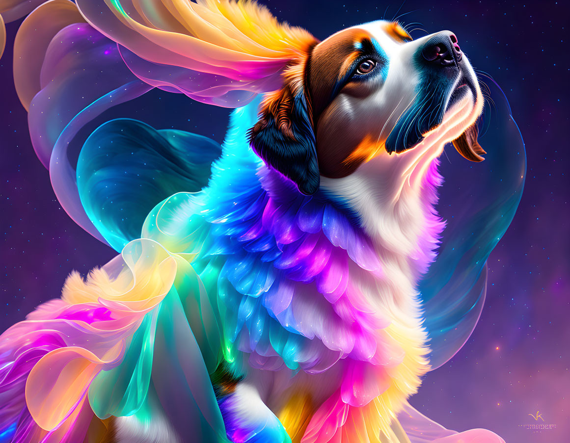 Colorful Winged Dog Artwork Against Cosmic Background