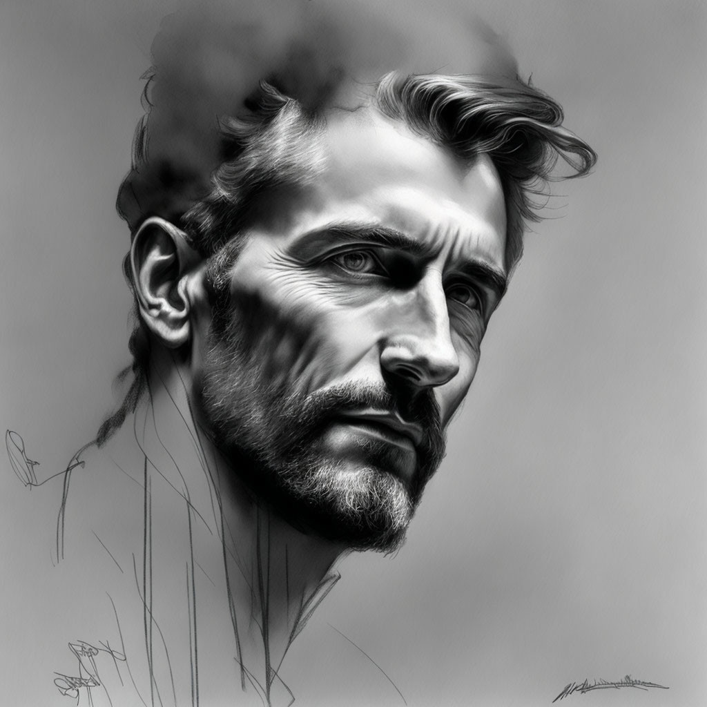 Detailed sketch of a man with beard and intense gaze on light background