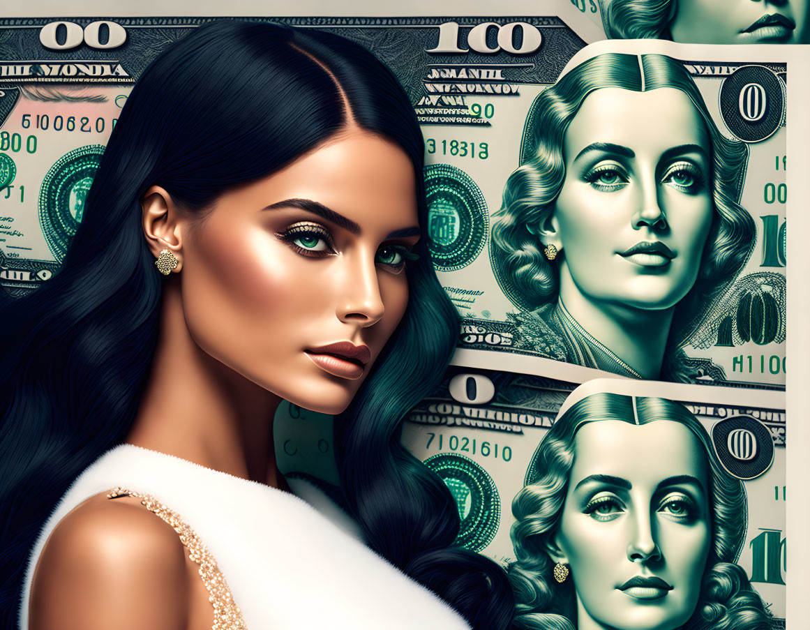 Stylized illustration of modern woman with striking makeup and jewelry, overlaid with vintage dollar bills.