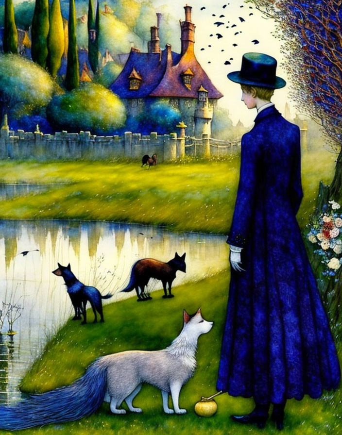 Person in Blue Coat and Top Hat by River with House, Foxes, and Foliage