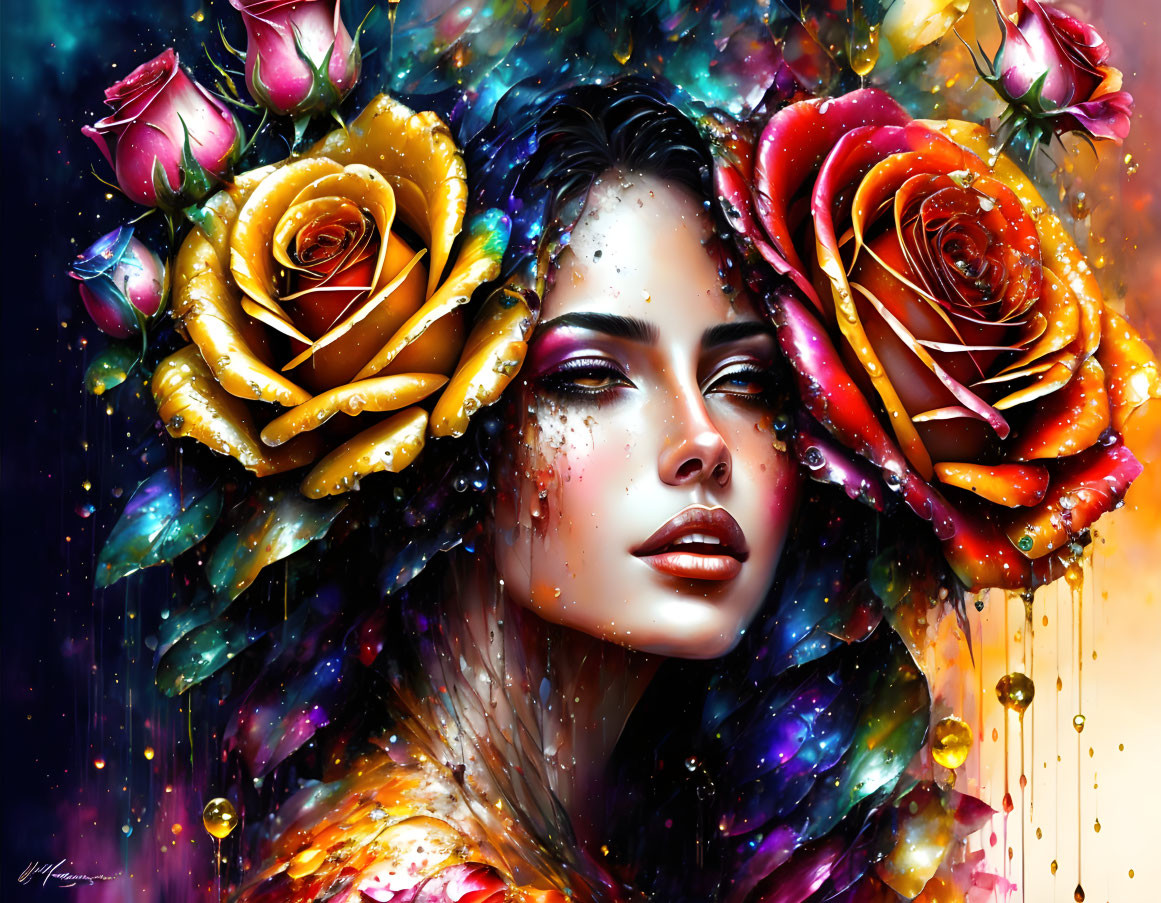 Vibrant woman portrait with flowers and cosmic background