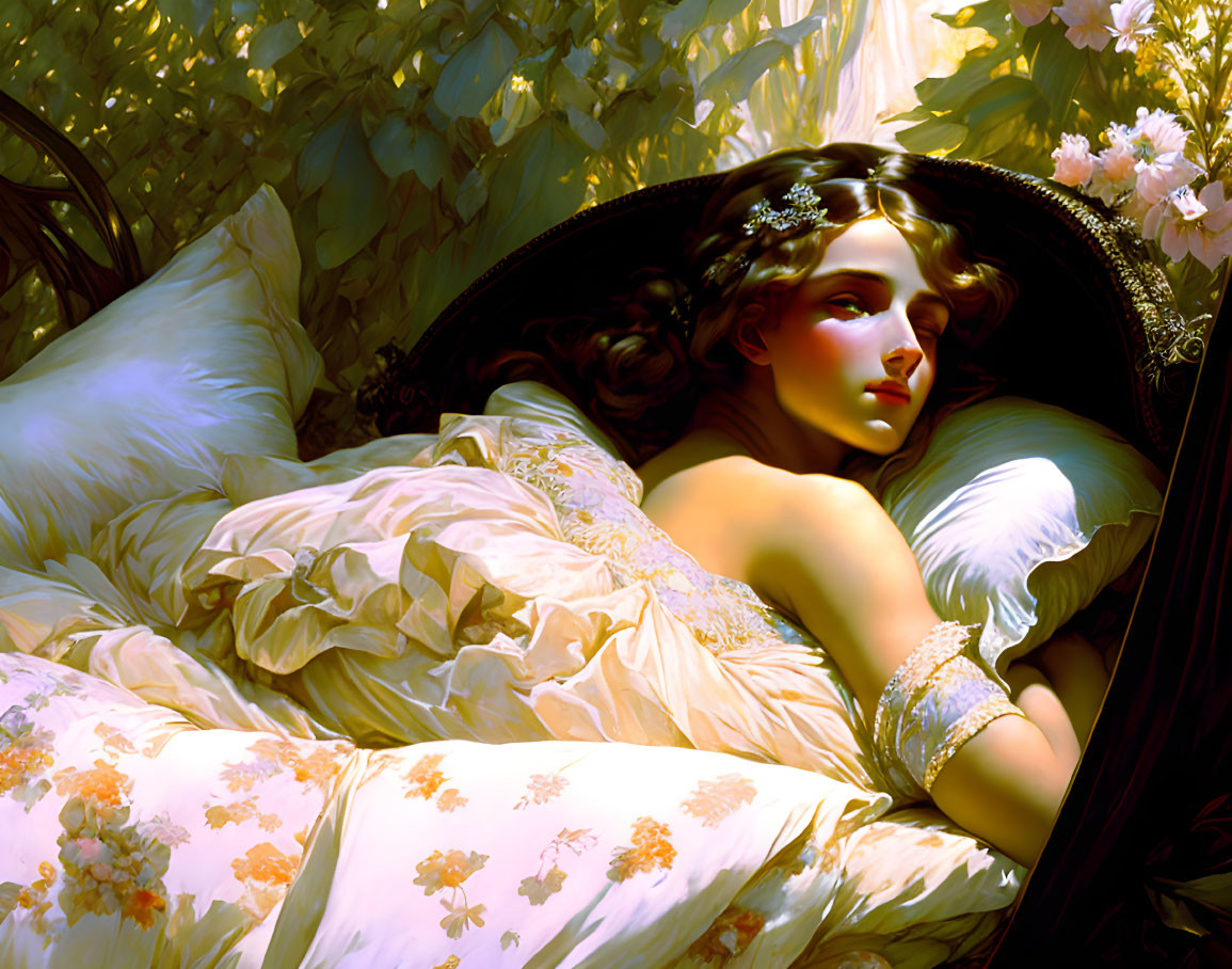 Woman reclining on white pillows in yellow dress under sunlight.