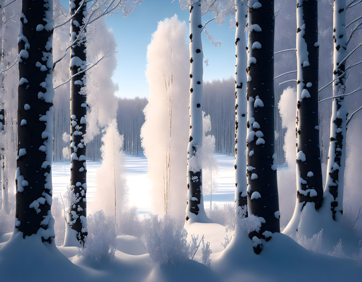 Serene winter forest with snow-covered trees and sunlight filtering through mist