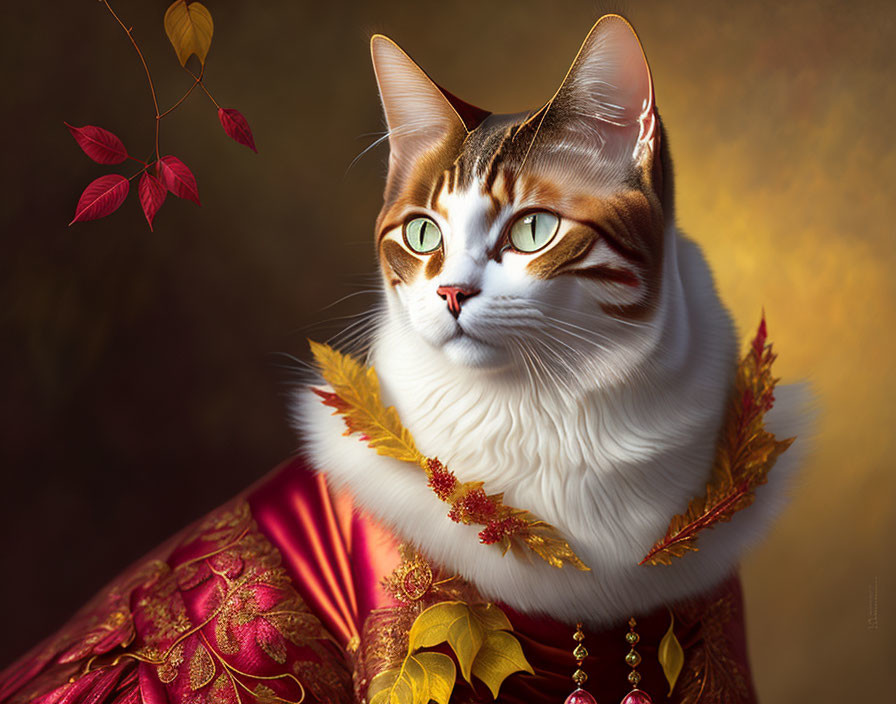 Regal cat with tabby markings in red-gold outfit and jewelry