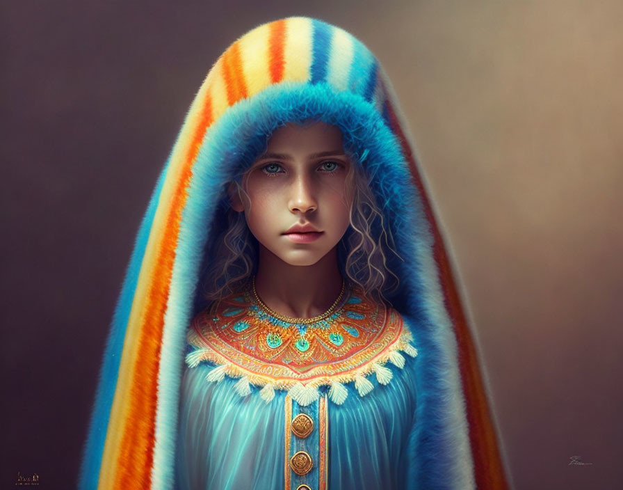 Portrait of Person with Green Eyes and Curly Hair in Blue and Orange Striped Hood