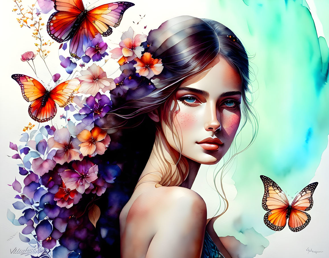 Vibrant digital artwork: Woman with flowers and butterflies in colorful blend