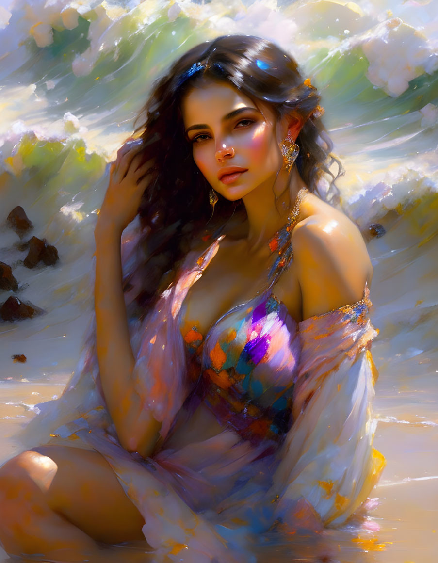 Woman with wavy hair and jewelry on beach in colorful outfit under sunlight