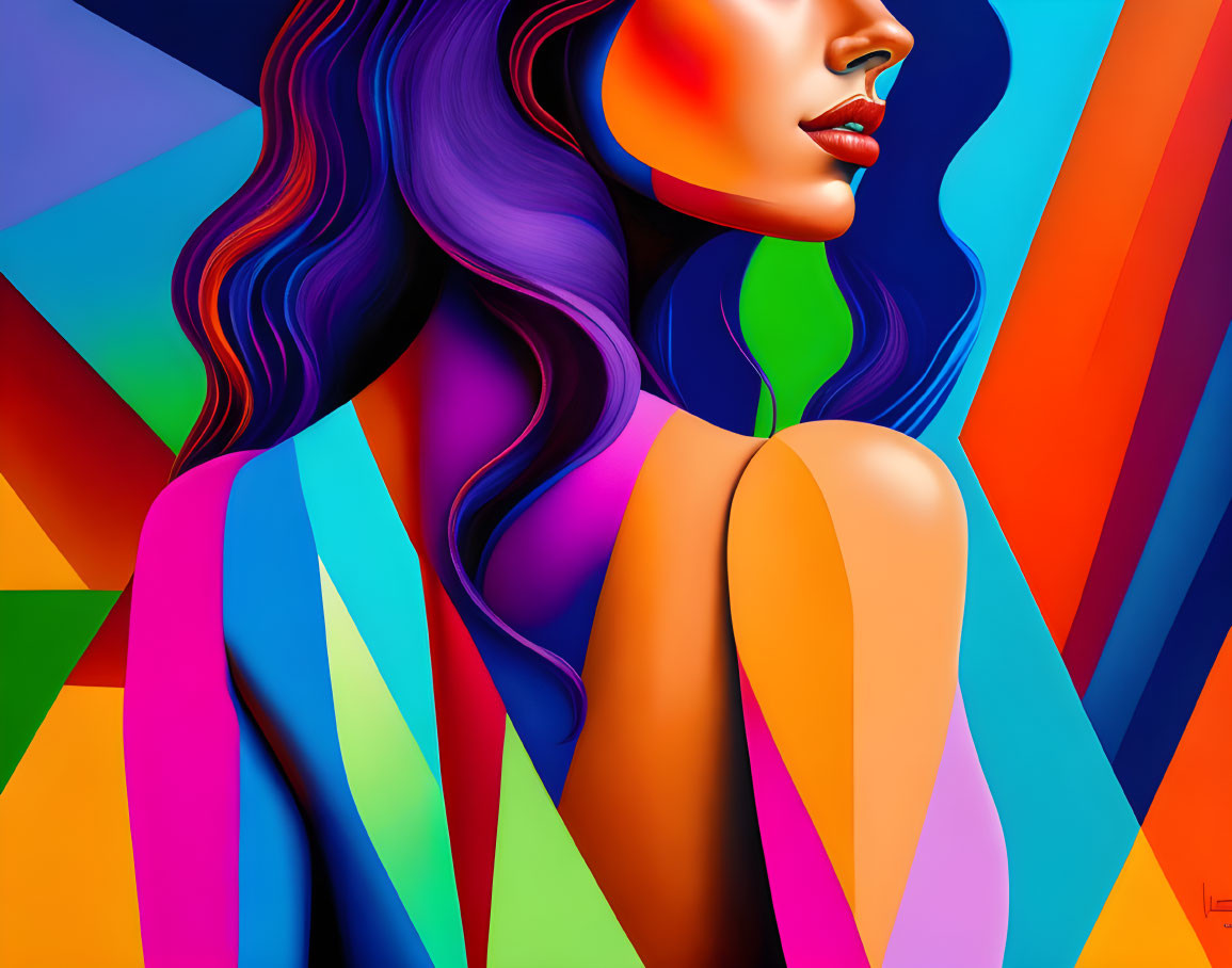 Colorful digital artwork: Stylized woman with purple hair & geometric backdrop