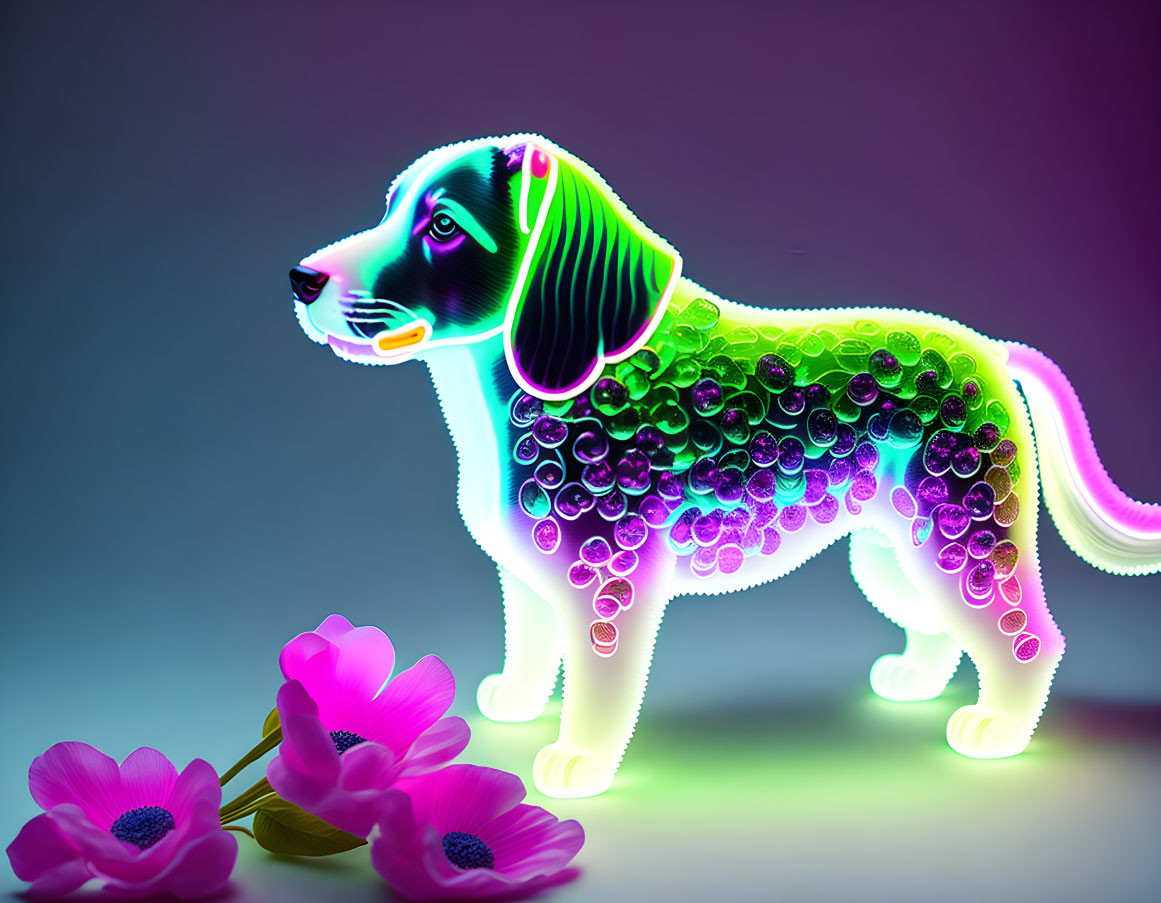 Colorful Digital Art: Glowing Beagle Puppy with Neon Outlines & Pink Flowers