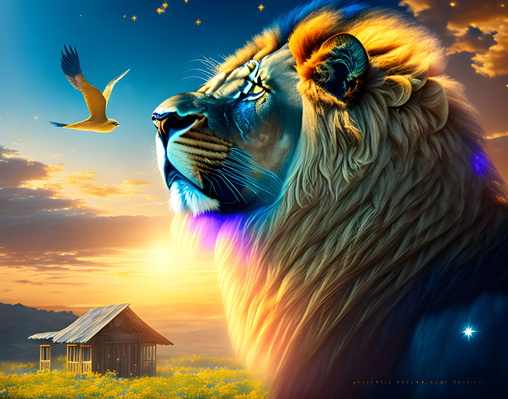 Majestic lion's face on sunset backdrop with mountains, cabin, fields, eagle, and star