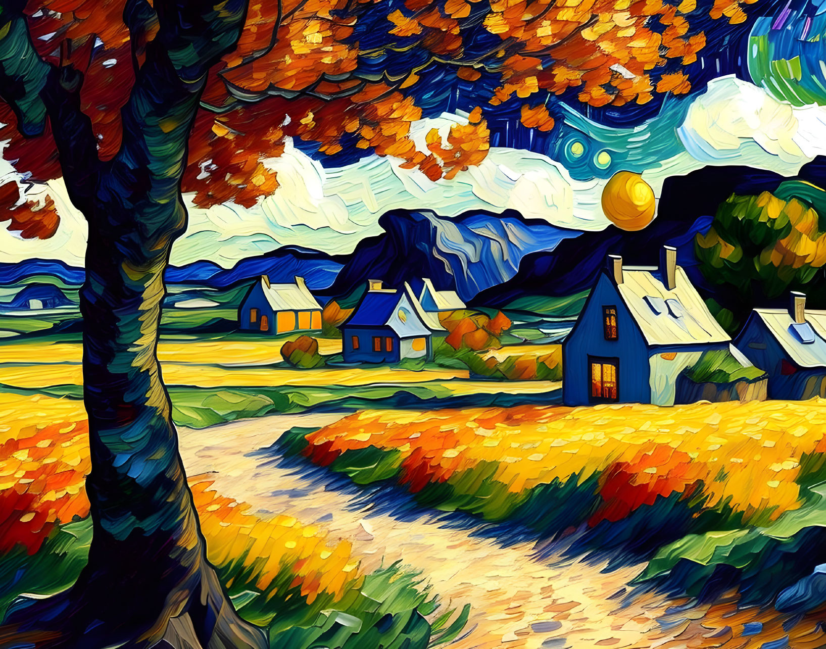 Colorful rural houses with blue roofs in Van Gogh-style painting.