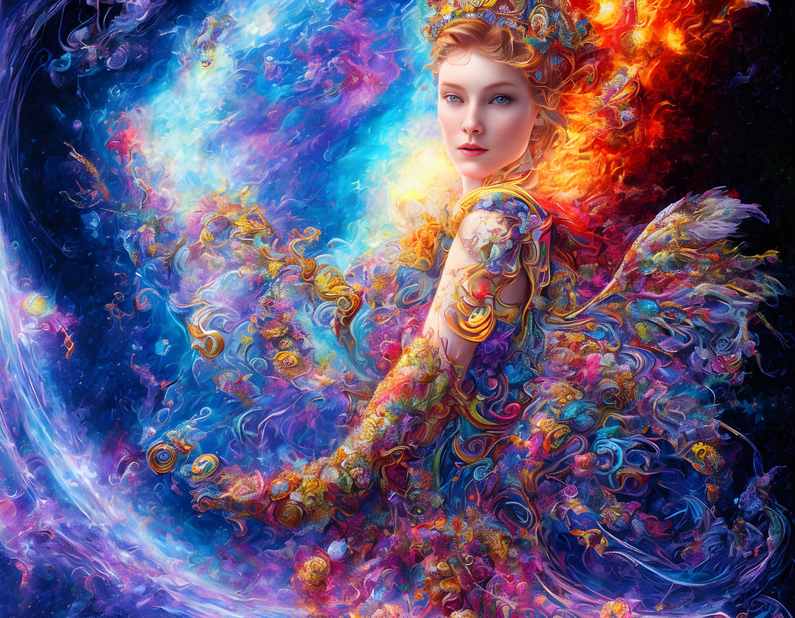 Colorful portrait of a woman in cosmic attire blending with vivid backdrop