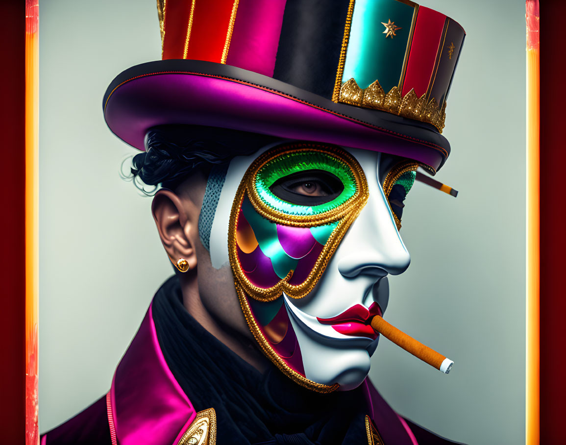 Colorful Theatrical Costume with Top Hat and Face Paint Portrait